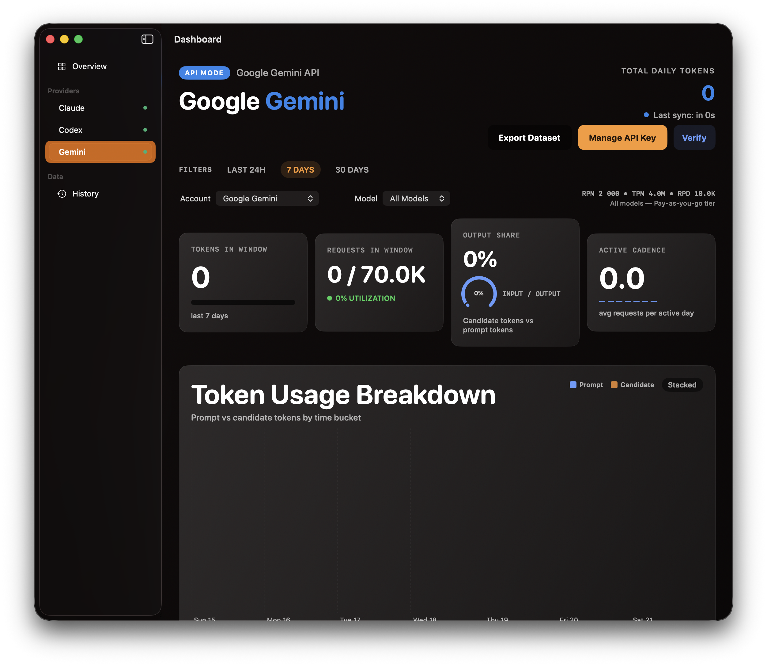 Google Gemini detail view with API usage and token chart
