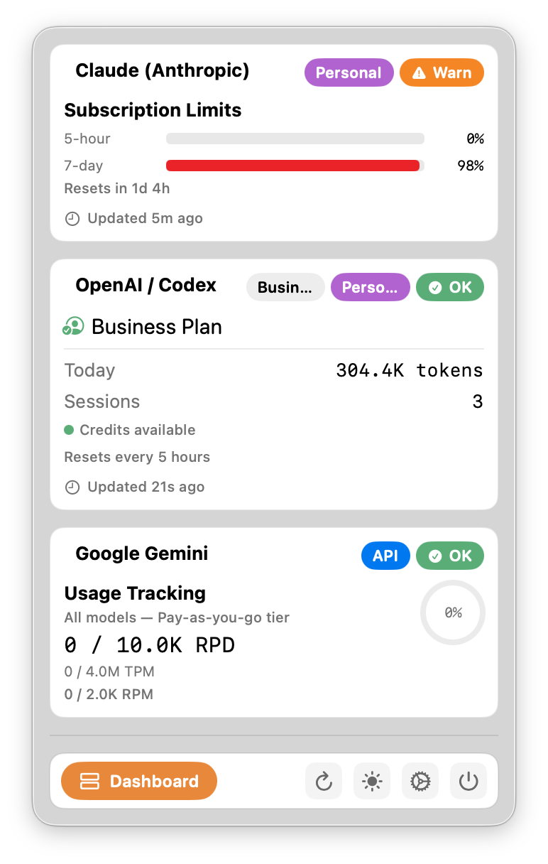 Tally menubar popover showing provider cards