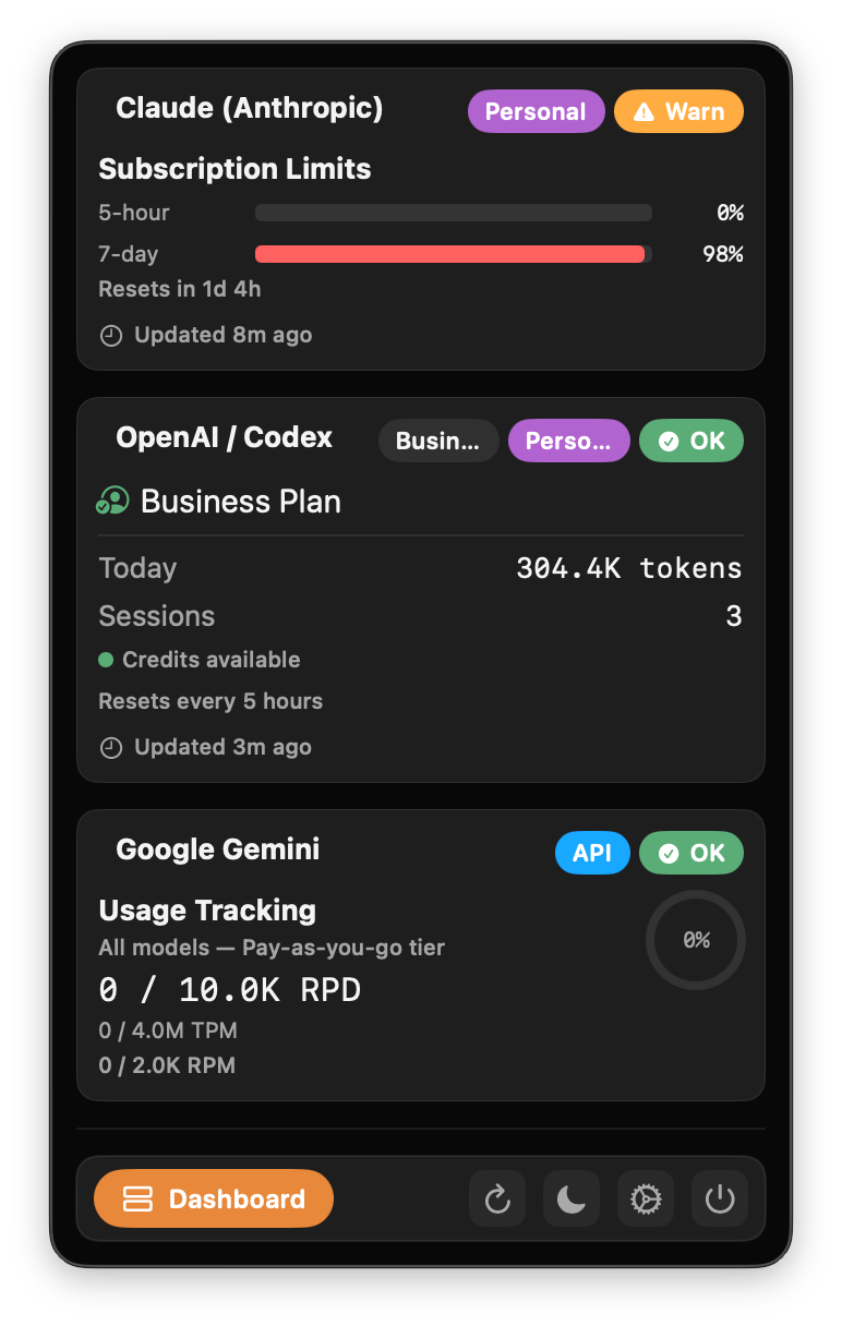 Tally menubar popover showing provider cards