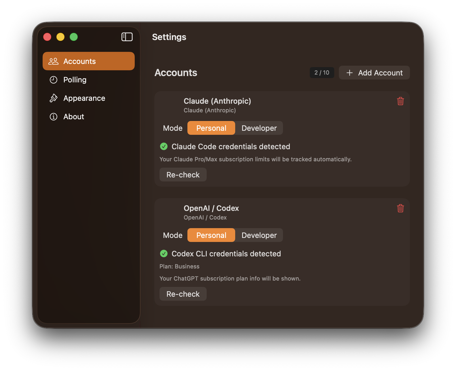 Settings view with API keys and account configuration
